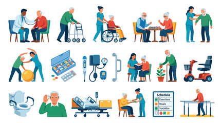 Fototapeta premium Flat Style Senior Care Illustration: Doctor, Wheelchair, Exercises, Medicine, Mobility