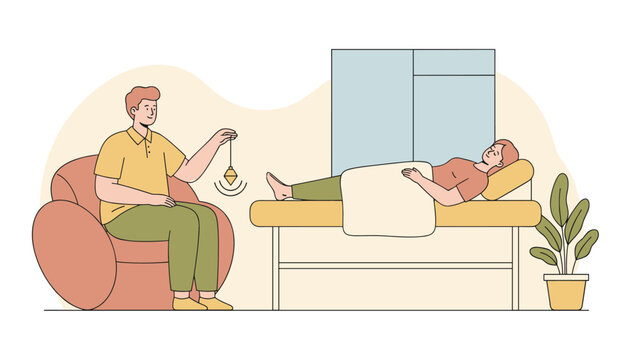 Male therapist performs a hypnosis session using a swinging pendulum on a patient lying comfortably on a medical treatment couch.