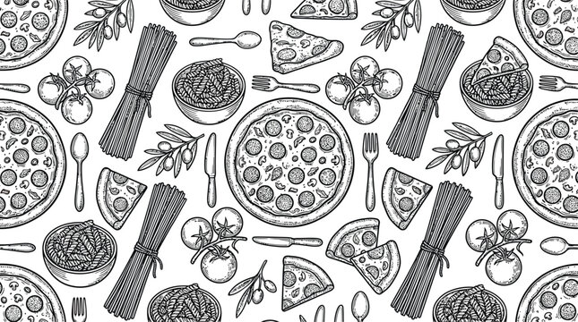 Italian food seamless pattern with pizza pasta and tomatoes hand drawn sketch style vector illustration background