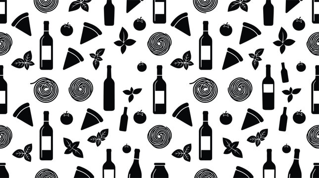 Italian food seamless pattern with pizza slices wine bottles pasta and fresh basil leaves vector illustration