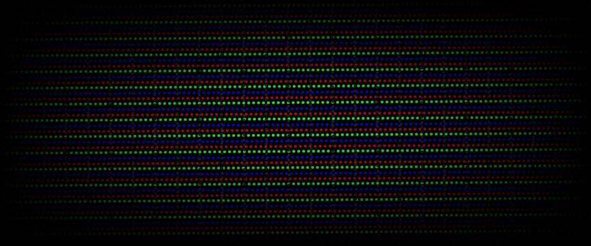 Faded RGB screen pixel background. LCD display grid dots wallpaper. LED TV screen pattern. Red Green Blue diode pixels videowall concept. Projector or television monitor texture backdrop. Vector