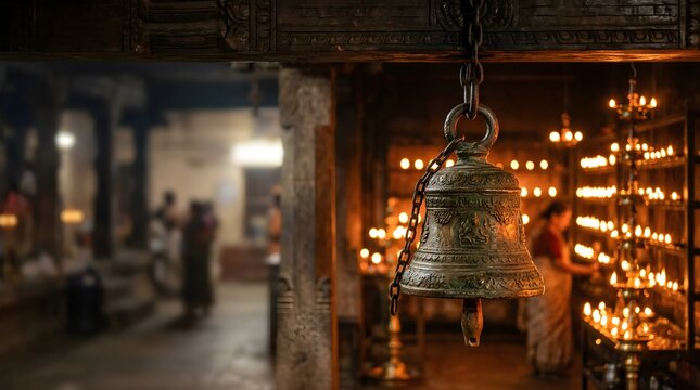 Traditional bronze temple bell hanging in an Indian shrine during Diwali