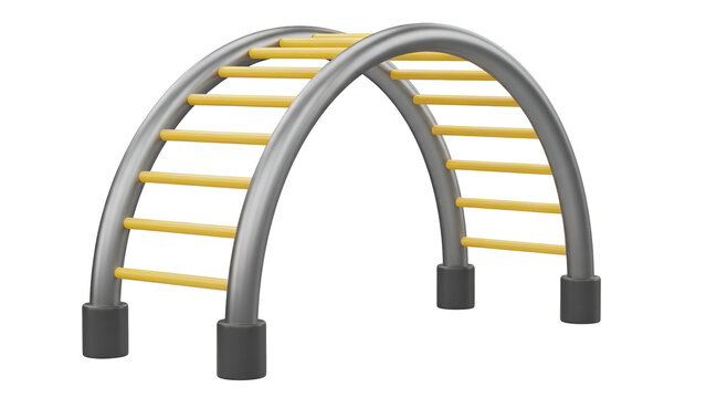 Curved metal monkey bars with yellow rungs isolated on white background designed for a modern children playground play area equipment