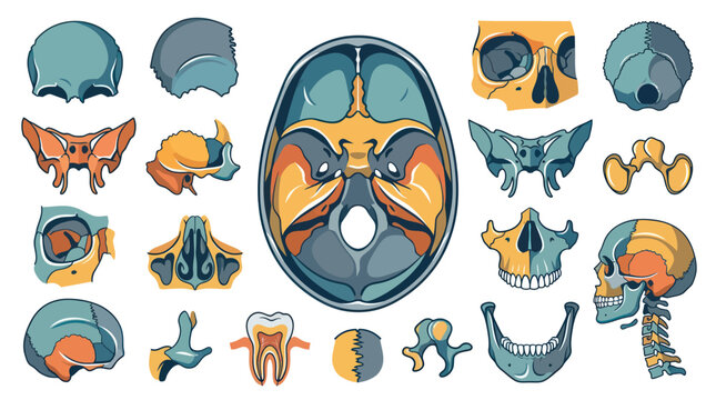 Medical Anatomy Vector Illustration: Detailed Human Skull Bones, Teeth, and Skeletal System Collection