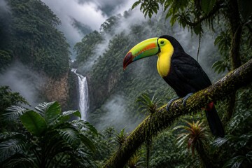 Fototapeta premium Toucan perches on mossy branch, vibrant beak gleaming. Misty waterfall cascades behind lush, green jungle canopy. Rainy air shimmers with mist and leafy density