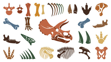 Obraz premium Dinosaur Fossils and Skeleton Bones Flat Vector Glyph Icon Set - Prehistoric Paleontology Elements