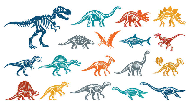 Paleontology Prehistoric Dinosaurs Skeletons  Silhouettes Vector Set. Ancient Fossil Creatures Glyphs Collection