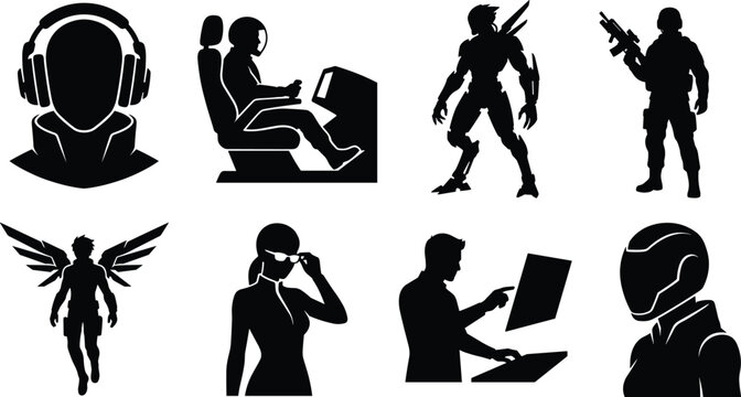 Gaming Avatar and Esports Character Silhouettes Collection Featuring Headset Pilot Soldier VR User and Futuristic Hero Icons