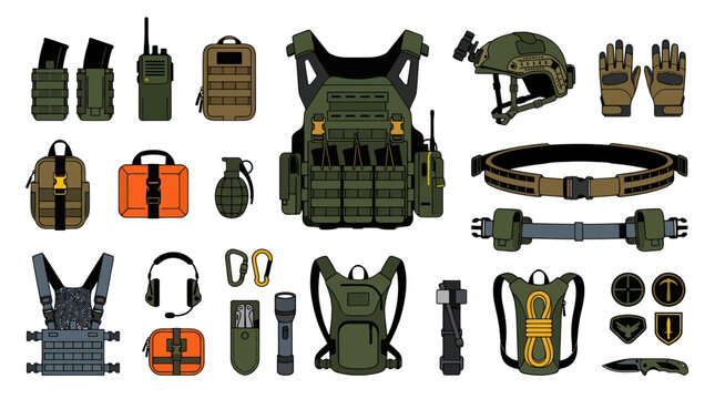 Modern Military and Tactical Gear Flat Vector Icons. Army, Law Enforcement Equipment  Accessories Collection.
