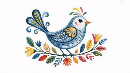Fototapeta premium Whimsical blue bird with decorative plumage perched on a vibrant folk art floral wreath