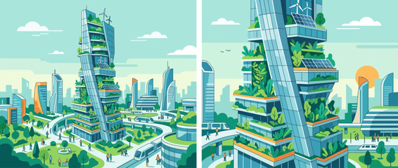 Obraz premium Modern eco friendly skyscraper building with vertical gardens in a sustainable city.