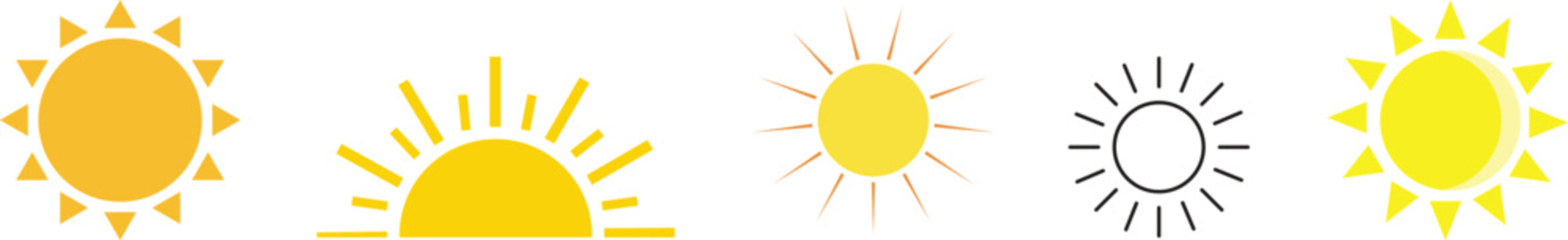 yellow sun icons set, sunshine and solar glow, sunrise or sunset. Decorative circle full and half sun and sunlight. Hot solar energy for tan. sun icon on white background.