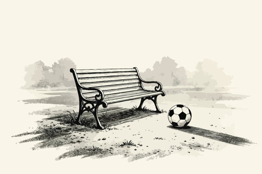 Vintage style landscape sketch with empty wooden park bench and soccer ball on grass background.