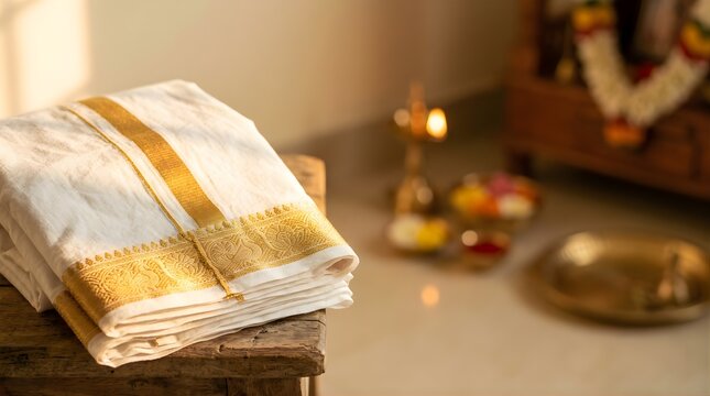 Traditional white silk dhoti with gold border for Diwali religious prayer