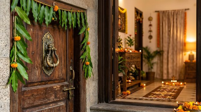 Traditional wooden door decorated with mango leaves and marigolds for Diwali