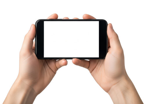 Person holding a black smartphone with a blank screen in their hands for a mobile app or website design project mockup presentation display