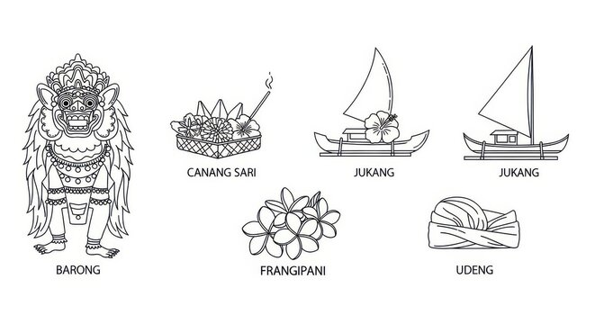 Bali Cultural Icons Set Line Art Illustration of Barong Canang Sari Jukang Frangipani and Udeng Traditional Elements