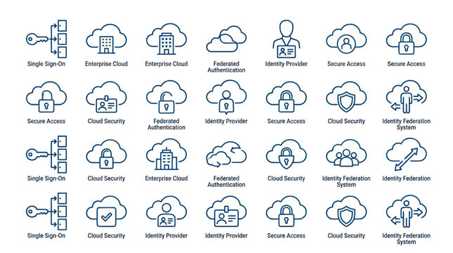 Cloud computing security and user authentication icon set