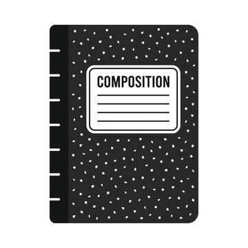 Isolated black composition notebook with speckled cover and label, retro style educational supply