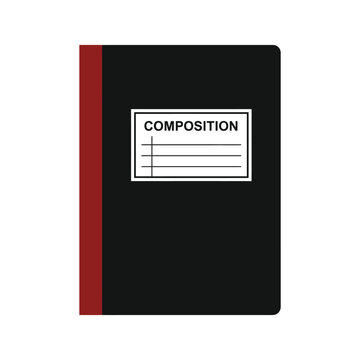 Isolated black composition notebook with red spine and white label for text, simple school supply