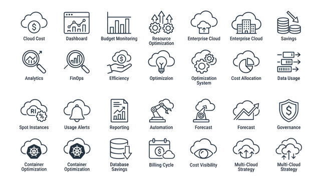 Cloud cost management and FinOps line icons.