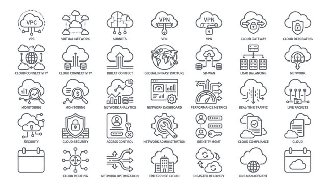 Cloud networking and security infrastructure line icons.