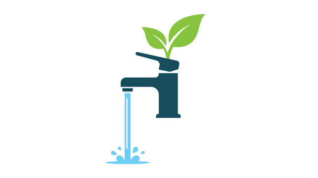 Modern dark blue water faucet with bright green leaves and a flowing stream of water