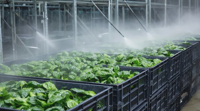 Fresh lettuce being washed in greenhouse.