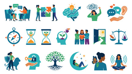 Fototapeta premium Flat Vector Mental Health, Self-Care Personal Growth Concepts Icons Set for Psychology and Well-being