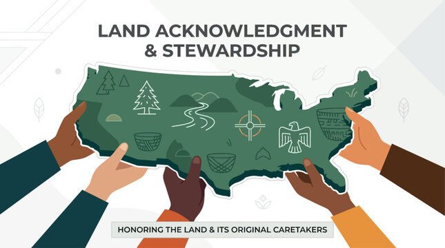 This flat design illustration visually represents land acknowledgment, with diverse hands gently holding a stylized continent embedded with subtle indigenous symbols. 