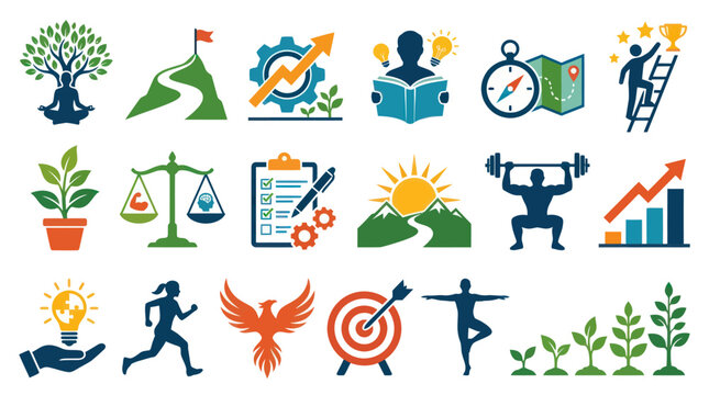 Flat Glyph Icons Set: Business, Personal Development, and Health  Wellness Concepts for Success