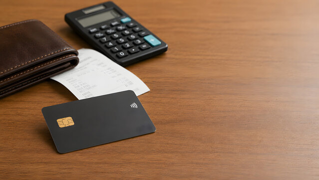 Credit card with wallet, receipt and calculator on wooden desk representing digital payment and personal finance management