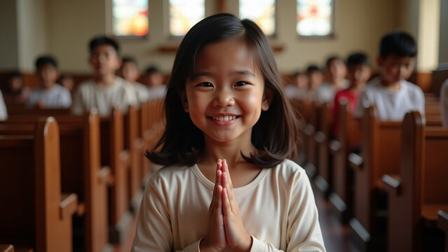 Child pray concept Happy iteration Asian girl with folded hands to prayer and praise worship