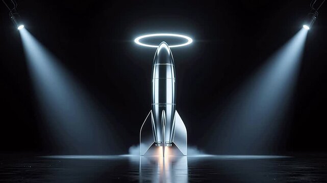 Silver rocket with halo on dark stage