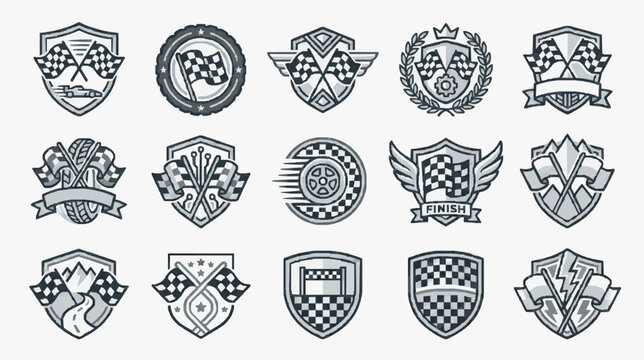 Clean Minimalist Monochrome Racing and Victory Emblem Collection 15 Unique Checkered Flag Shields Trophies and Badges