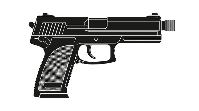 Black Semi-Automatic Pistol with Suppressor, Isolated on White Background