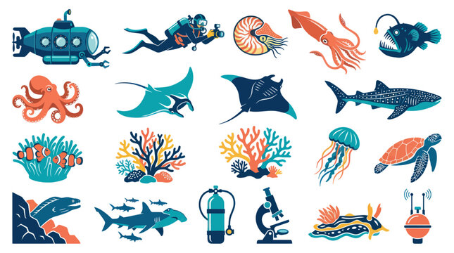 Marine Life, Underwater Exploration and Oceanography Flat Vector Icon Set