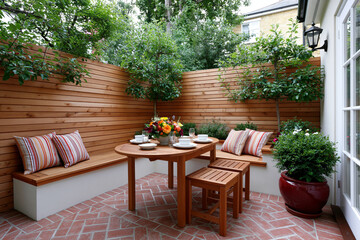 Fototapeta premium Cozy outdoor patio featuring wooden garden furniture and dining setting
