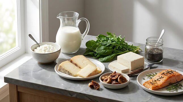 A nutritional selection of healthy food for a bone density diet including salmon, tofu, cottage cheese, milk, spinach, dried figs, and chia seeds on a kitchen counter