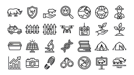 Wildlife conservation and rhinoceros protection line icons. © muhammad