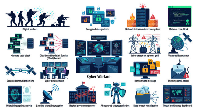 Cyber Warfare Flat Vector Illustration with Digital Security Icons, Threats, and Protection Concepts Set