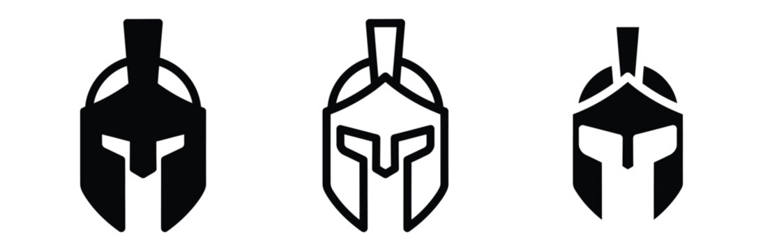 Spartan helmet icon vector set. Ancient Greek warrior, Roman gladiator armor headpiece symbol. Flat silhouette and outline graphic design elements. Vector Illustration.