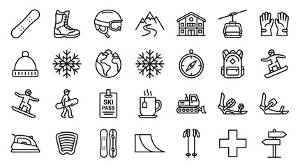 Winter sports mountain skiing and snowboarding equipment icons. © muhammad