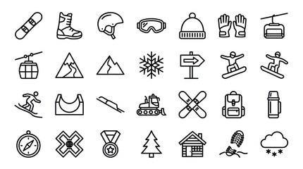 Winter sports equipment and outdoor activity line icons. © muhammad