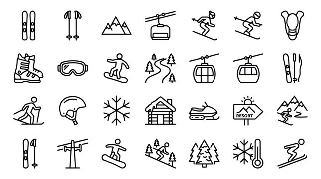 Winter sports and skiing equipment outline icon set