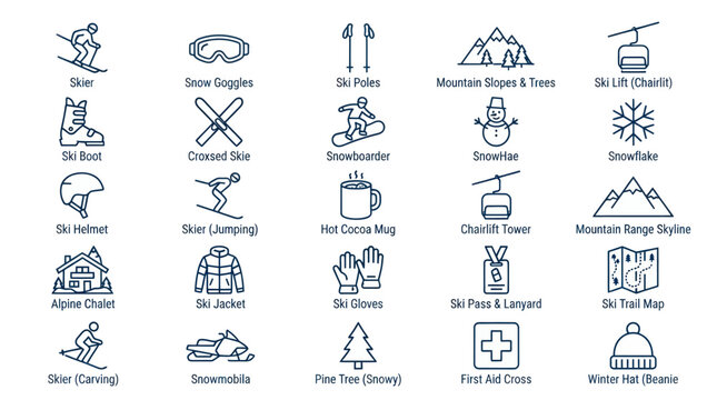 Winter sports skiing and mountain resort labeled icons.