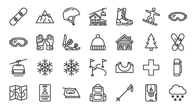 Winter sports skiing and mountain recreation icons.