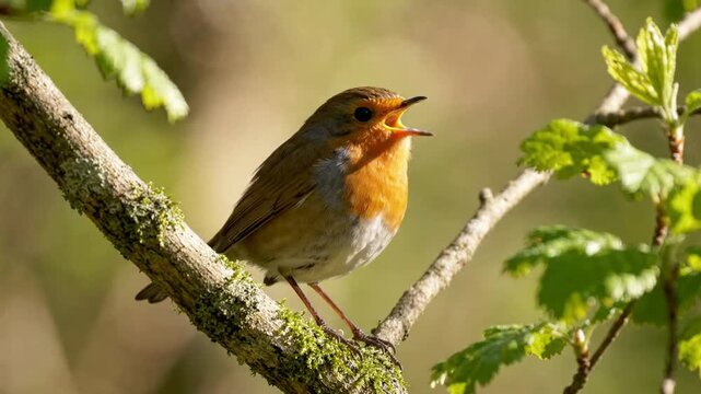 European robin singing on a mossy branch in springtime forest, close-up nature wildlife shot erithacus rubecula