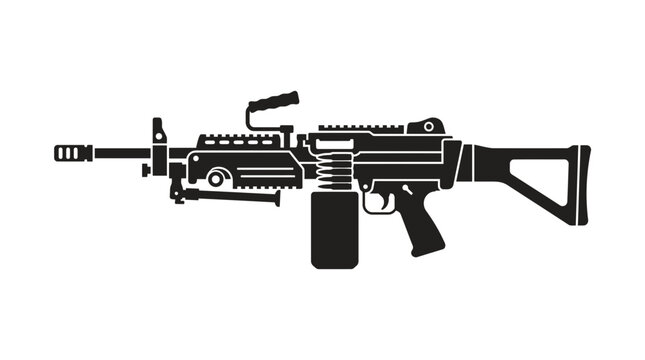 Black Silhouette of a Machine Gun with Bipod and Magazine on White Background