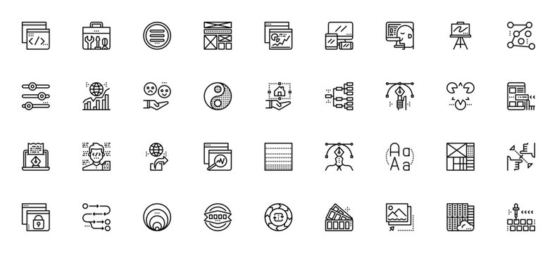 Web Design icon set. Minimal line web icons set. Vector illustration. Featuring browser, toolbox, menu, layout, analytics, responsive, website, canvas, flowchart, equalizer and more.